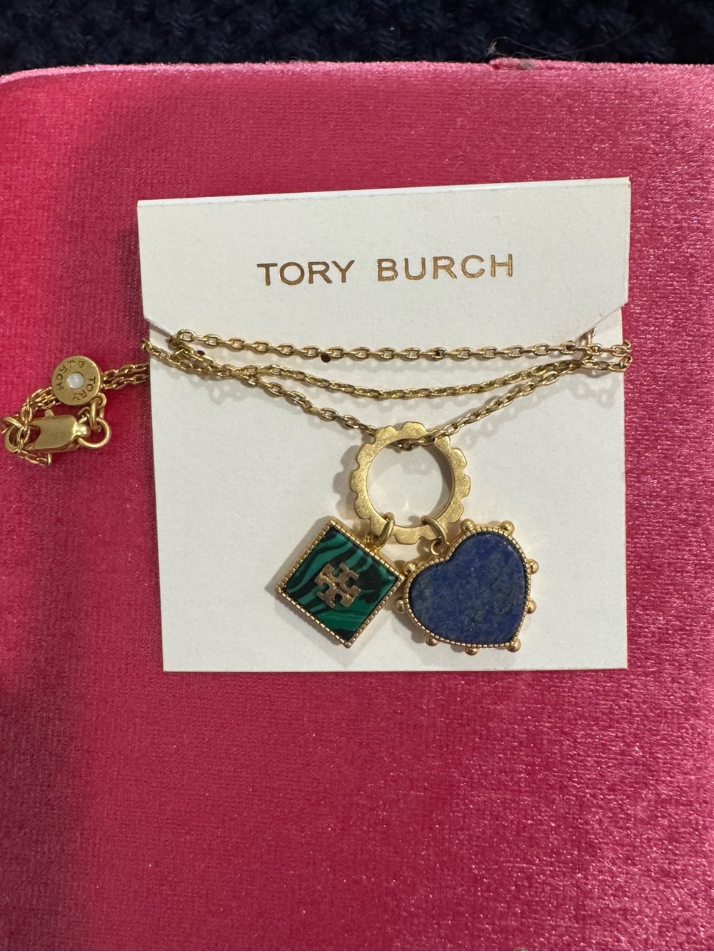 Tory Burch Gold Tone Malachite Green & Blue Heart Charm Necklace 17”